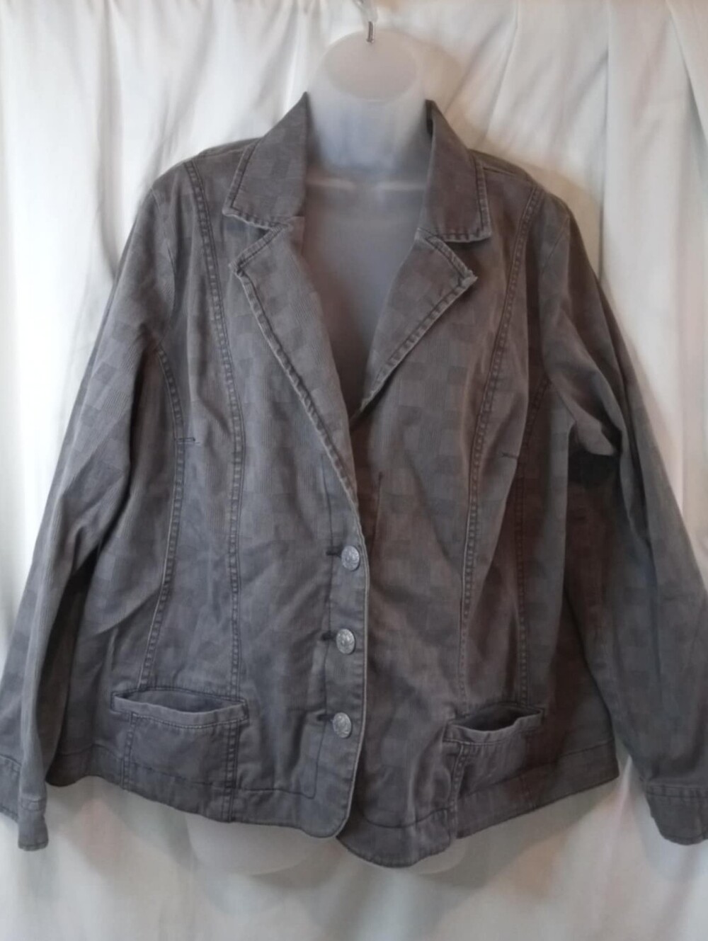 Gray Notched Lapel Button Jean Style Jacket Coat Blazer Pockets Plus Checkered